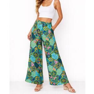 Vintage Handmade Patchwork Floral Wide Leg Pants Green Size M/L Boho Hippie Chic